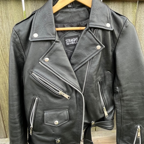 Straight To Hell Black Leather Moto Jacket Size L - Picture 1 of 12